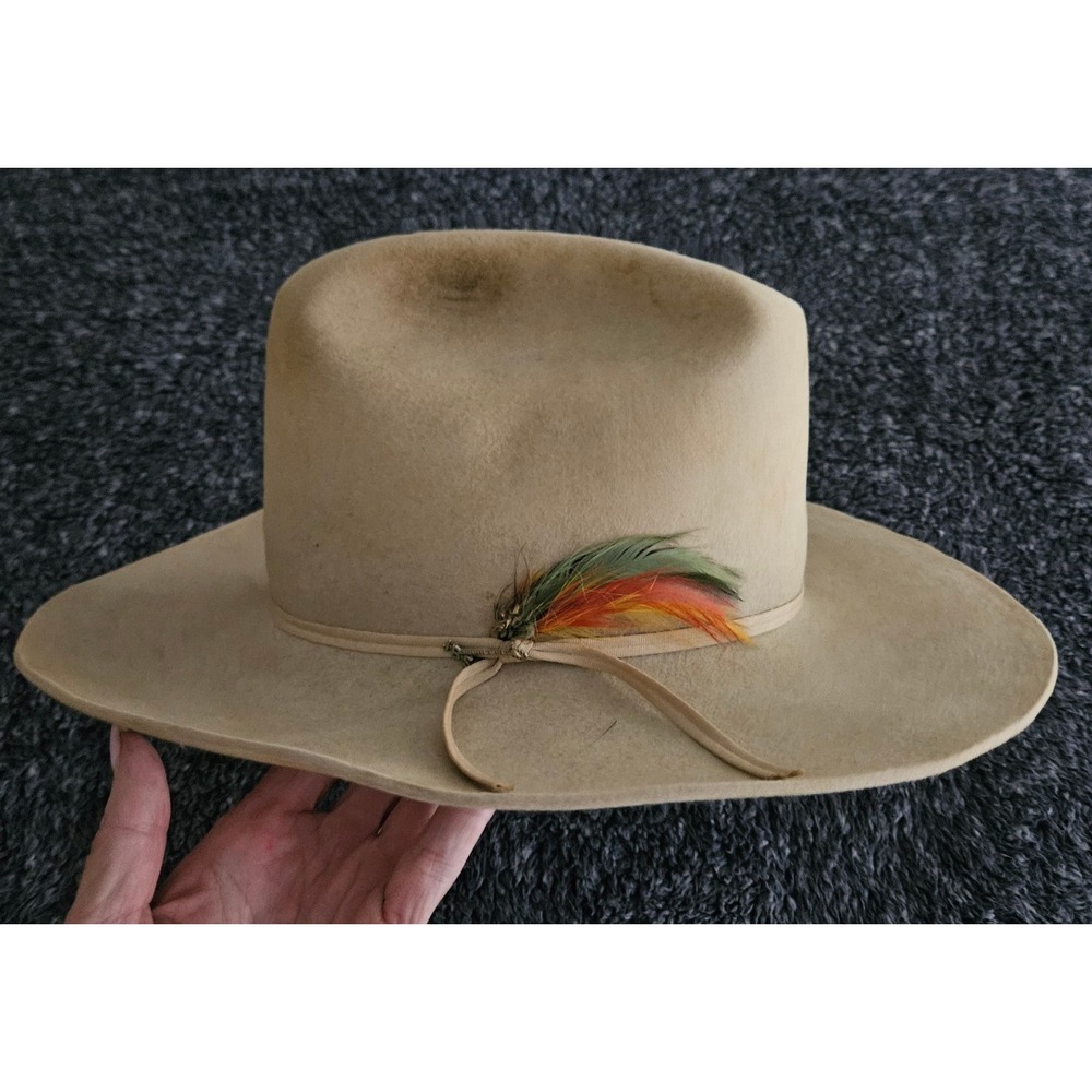Stetson Cowboy Hat Men 7 1/8 Long Oval Beige Good 4X Beaver Western Feather